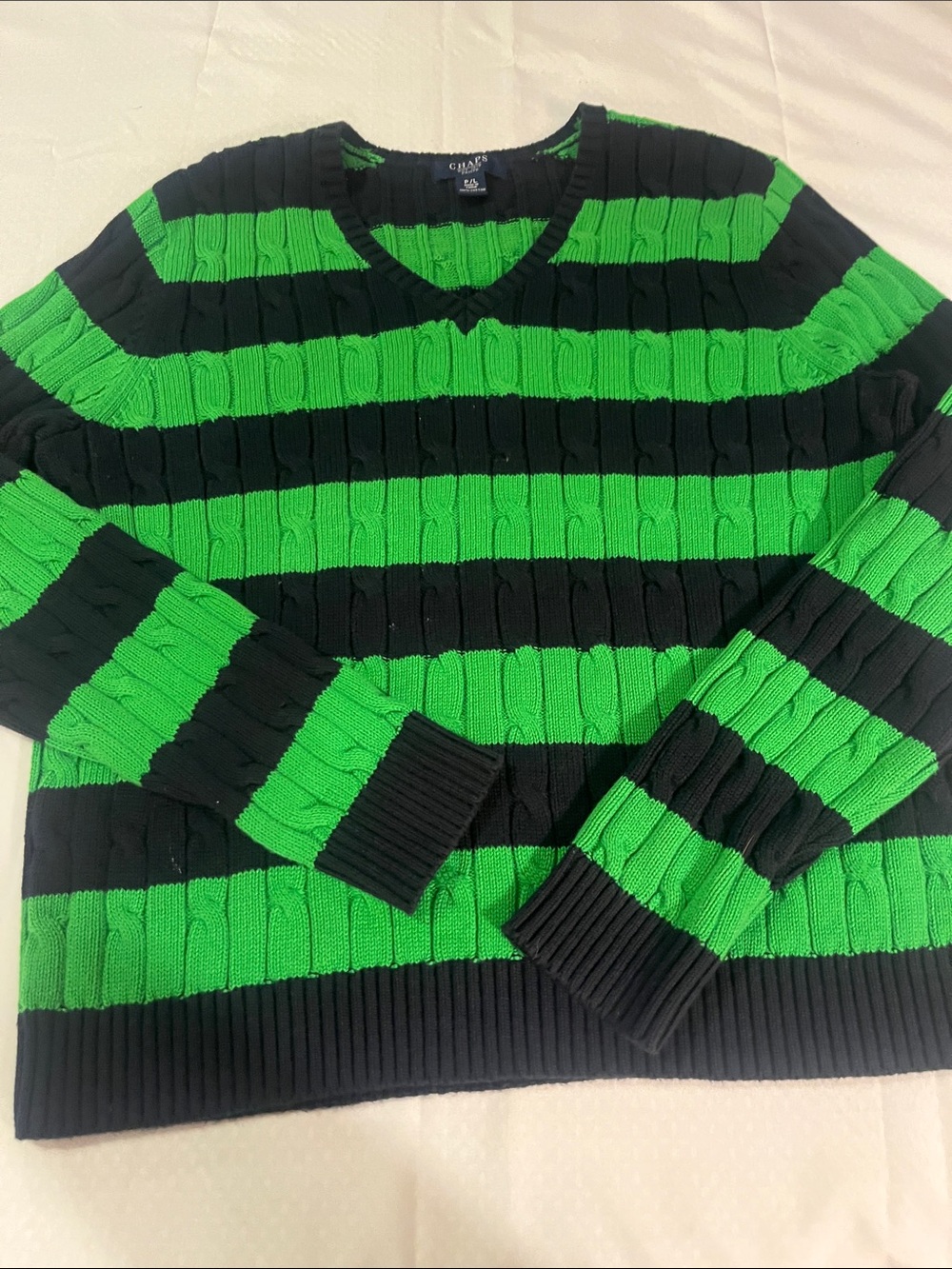 Chaps Black and Bright Green Striped V-Neck Sweater - Picture 3 of 4